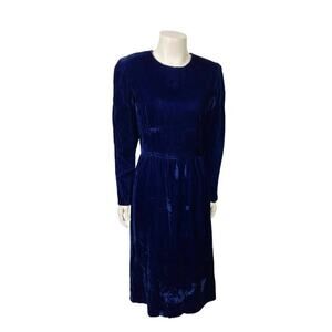 Vintage 1980s Blue Velvet Midi Dress by Lanz Long Sleeves / Women's Small -